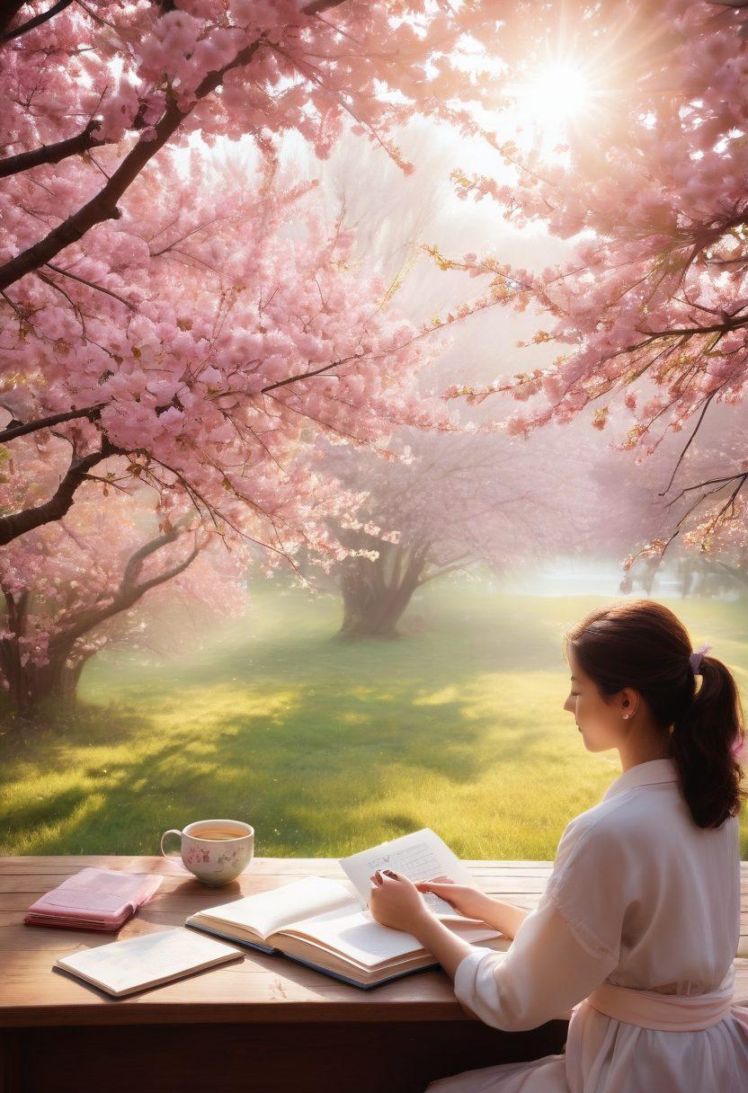 A serene landscape depicting a tranquil person meditating under a blooming cherry blossom tree, surrounded by soft pastel colors. In the foreground, a journal with handwritten notes on gratitude and mindfulness lies open next to a steaming cup of tea. Sunlight filters through the branches, casting warm, inviting glows across the scene. The overall atmosphere radiates positivity and calmness, inspiring feelings of exuberance and well-being. vibrant colors. super-realistic.
