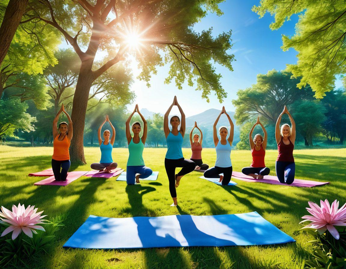 A serene, sunlit landscape featuring a diverse group of people engaging in joyful activities like yoga, meditation, and laughing together, surrounded by nature. Bright colors of green grass, blue skies, and vibrant flowers symbolize happiness and positivity. Soft rays of sunlight filter through trees, creating a warm and uplifting atmosphere. super-realistic. vibrant colors. 3D.