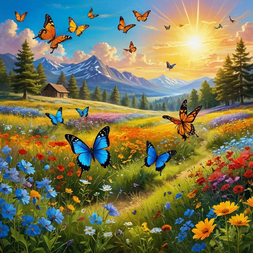 A vibrant landscape featuring a sun-drenched meadow filled with colorful wildflowers, where diverse people of different ages engage in joyful activities like dancing and laughing together. Include bright blue skies and a radiant sun overhead, symbolizing happiness and positivity. Incorporate elements of nature such as butterflies and birds, adding to the sense of exuberance. Use a warm color palette to evoke feelings of bliss. super-realistic. vibrant colors.